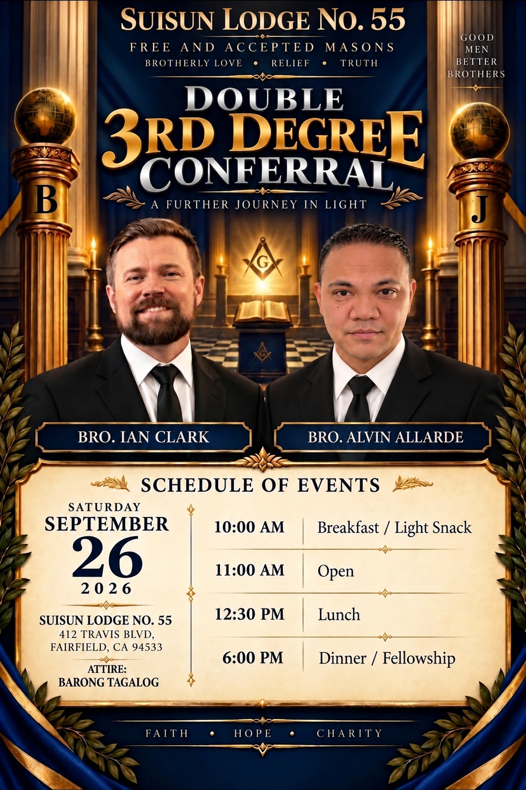 Suisun Lodge No. 55 3rd Degree Conferral flyer for Bro. Ian and Bro. Alvin on September 26, 2026