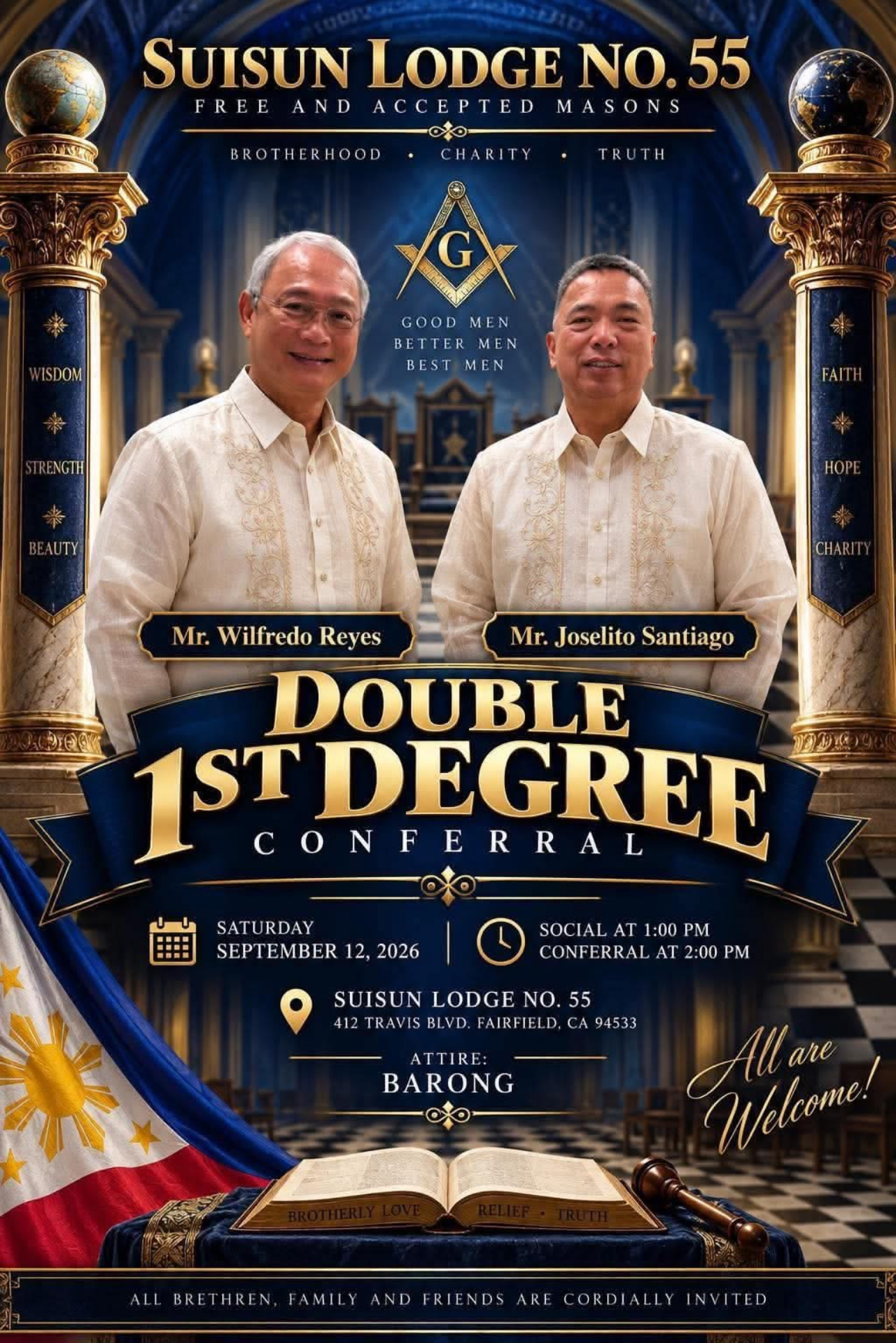 Suisun Lodge No. 55 Double 1st Degree Conferral flyer for September 12, 2026